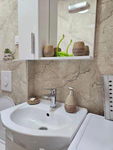 a bathroom with a white sink and a mirror at Lutovac Apartmani in Kotor