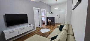a living room with a couch and a flat screen tv at Bahr DELUX App & Suite in Ulcinj