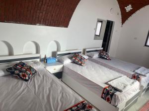 two twin beds in a room with two pillows at Maleka nubian guest house in Aswan