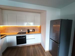 a kitchen with white cabinets and a black refrigerator at Freddy in Lörrach