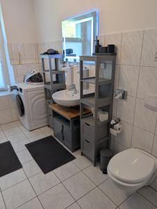 a bathroom with a sink and a toilet and a mirror at Helles Studio mit Arbeitsplatz und Balkon in Chemnitz +61 photos