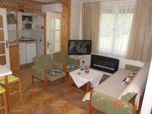 a living room with a couch and a tv at Mecsek üdülő ingyenes klímával 300 m-re a fürdőtől in Harkány