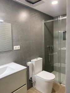 a bathroom with a toilet and a glass shower at Del Carmen in Vinarós