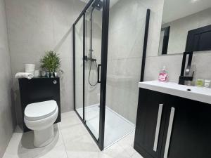 a bathroom with a shower and a toilet and a sink at Luxury 2 Bed West London, Free Parking in Uxbridge +5 photos