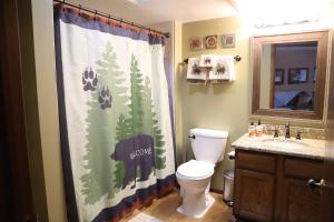 a bathroom with a toilet and a shower curtain at CozyNest Condo, Beautiful & Comfy 1Bed in Brian Head +26 photos
