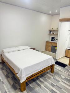 une chambre avec un lit et une cuisine dans l'établissement Studio apartamento en Santa Cruz de Mompox, à Santa Cruz de Mompox