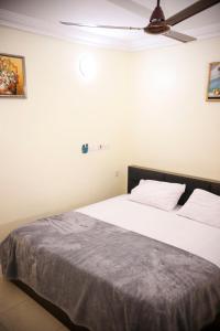 a bedroom with a bed with a ceiling fan at New Stylish 1 Bedroom Adjiringanor in Ashalebotwe