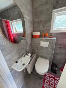 a bathroom with a sink and a toilet and a mirror at Bungalow at the Beach in Noordwijk aan Zee