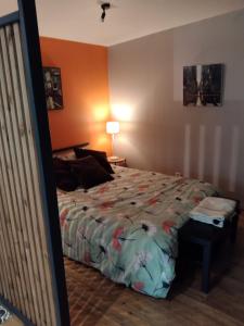 a bedroom with a bed with a colorful bedspread at La Villa Saint Ghislain in Thivencelle