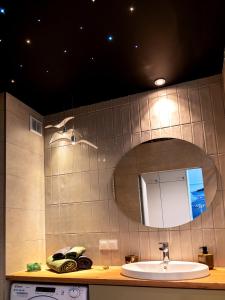 a bathroom with a sink and a mirror at MomUla's Apartment Pino Sobieszewo Gdańsk in Gdańsk