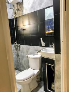 a bathroom with a toilet and a sink at Yazmin's Bright Studio with Fast Wi-Fi & Parking in Kampala +14 photos