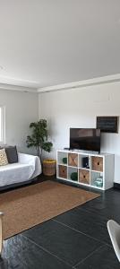 a bedroom with a bed and a tv on a wall at Zambujeiraseahouse - 100m da praia in Zambujeira do Mar
