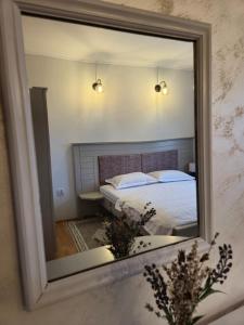 - un miroir réfléchissant le lit dans la chambre dans l'établissement Casa Sandina, à Vama