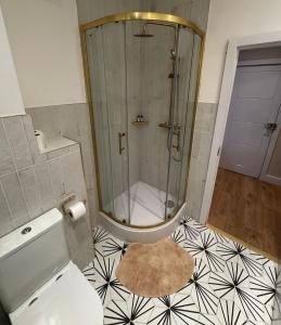 um banheiro com chuveiro e vaso sanitário em Peckham Haven em Londres