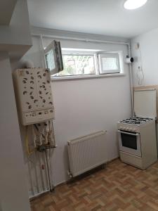 a small kitchen with a stove and a window at Zețarilor 21A in Bucharest