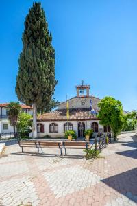 a building with a tree and a bench in front at Old Square House in Pefkochori