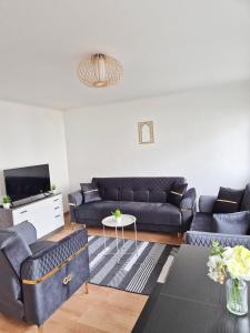 a living room with blue couches and a tv at Appartement cœur de ville in Lorient