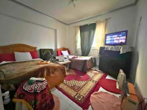 a bedroom with a bed and a flat screen tv at Gadou Rooms in Port Said