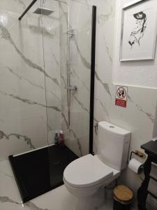 a bathroom with a toilet and a glass shower at Oaza Spokoju in Szczawno-Zdrój