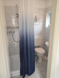 a bathroom with a shower with a toilet and a sink at Gemütliches Meeresstübchen, zentrums- und hafennah in Neustadt in Holstein
