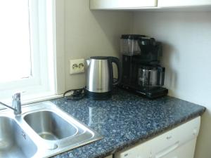 Una encimera de cocina con un fregadero y una cafetera. en Hillside - Adventure Norway, en Bjelland