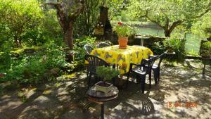 a table with a yellow table cloth and chairs in a garden at Le Bord de Loue in Chenecey-Buillon +3 photos