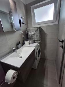 a bathroom with a sink and a washing machine at Lovely House in Mytilini +4 photos