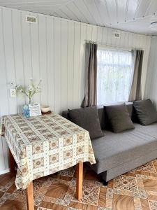 a living room with a couch and a window at Domek Holenderski in Mielno