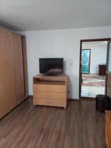 an empty room with a television on a dresser and a mirror at Vila Verde in Mangalia