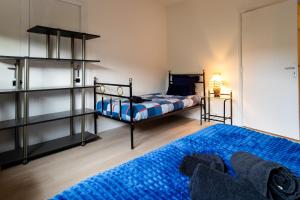 a bedroom with two bunk beds and a blue carpet at Villa Vercingétorix - groupe, Billard - Jacuzzi Spa in Romagnat +50 photos