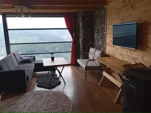 Una sala de estar con un sofá, una mesa y un televisor. en Ona Suit Bungalov, en Çamlıhemşin