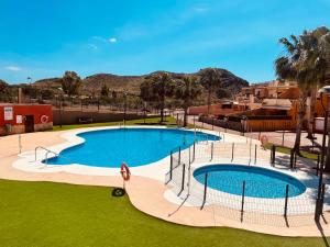 an overhead view of a large swimming pool with palm trees at La Casa del Violín in Pilar de Jaravía