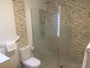 uma casa de banho com um WC e uma cabina de duche em vidro. em H Skyline em Alcorcón