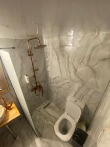 a white bathroom with a toilet and a shower at Kadir's Family House in Olympos +69 photos