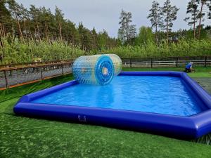 a large inflatable pool with a barrel on the grass at Sielska Chata Na Gwizdówce in Załakowo