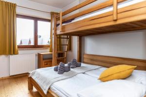 a bedroom with two bunk beds and a window at TatryTop Apartamenty Pardałówka in Zakopane