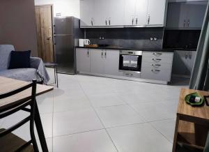 a kitchen with stainless steel appliances and a white tile floor at Beautiful home for holidays in Mytilini +8 photos