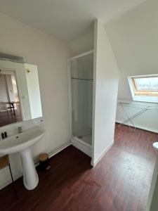 ein Badezimmer mit Waschbecken und Glasdusche in der Unterkunft Appartement dernier étage terrasse et parking in Carantec + 9 Fotos