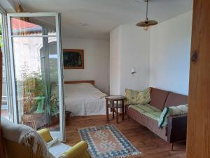 a living room with a couch and a bed at Haus an der Stadtmauer in Lychen