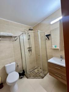 a bathroom with a shower and a toilet and a sink at Casa Coral Sulina in Sulina +26 photos