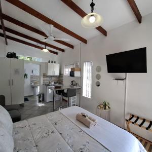 a room with a bed and a tv and a kitchen at Sleep Haven Self-Catering Accommodation - Nelspruit in Nelspruit
