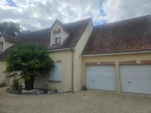 a house with two garage doors and a palm tree at B&B Chez Séverine in Lamotte-Beuvron