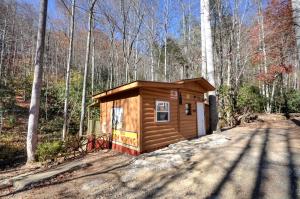 une petite cabine au milieu d'une forêt dans l'établissement Log Cabin Getaway in the Mountains for Two near Maggie Valley, North Carolina, à Cherokee