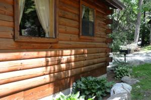 einem Blockhaus mit einem Fenster auf der Seite in der Unterkunft Secluded Log Cabin for a Romantic Getaway near Maggie Valley, North Carolina in Cherokee