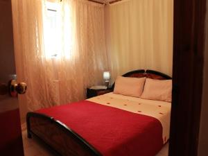 Stathis & Maria's Traditional House في Katokhórion: غرفة نوم بها سرير وبطانية حمراء ونافذة