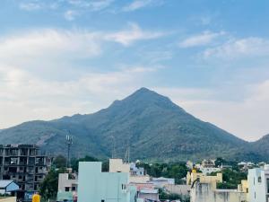 a mountain in the background of a city with buildings at Yogi Ram Guest House in Tiruvannāmalai