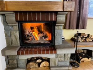 a fireplace is shown with flames in it at Samsolandia Willa Falsztyn in Falsztyn