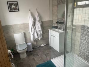 a bathroom with a toilet and a glass shower at Camaraderie Guest House in York