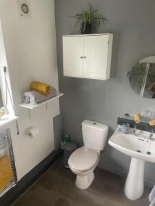 a bathroom with a white toilet and a sink at Camaraderie Guest House in York