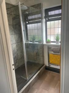 a shower with a glass door in a bathroom at Camaraderie Guest House in York +28 photos